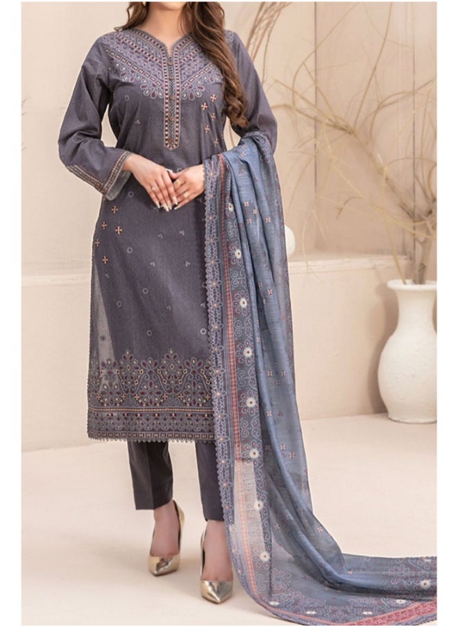 TAWAKKAL FABRICS Set of 3 Pieces Kurti with Bottom and Dupatta - Dark Grey  - Image 1