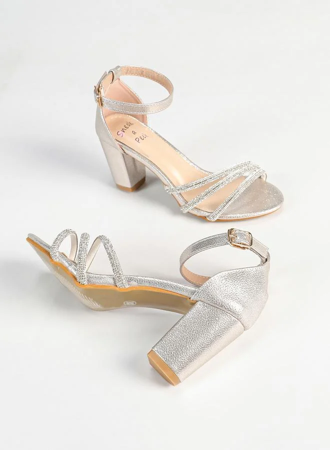 Sneak-a-Peek Embellished Open Toe Block Heel Sandals by Styli
