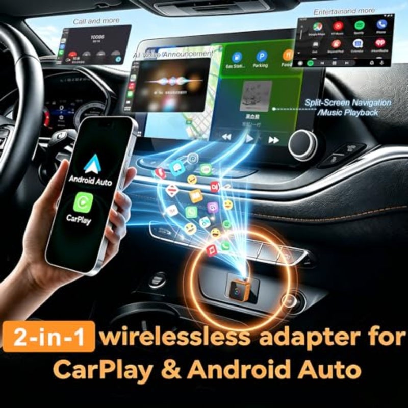 محول Carplay لاسلكي 2 في 1 مطور لعام 2026، ومحول Carplay اللاسلكي ومحول تشغيل السيارة اللاسلكي لنظام Android Auto، التوصيل والتشغيل التلقائي لإعادة الاتصال، سبائك الألومنيوم للطيران، واجهة USB-A/Type-C مزدوجة - Image 2