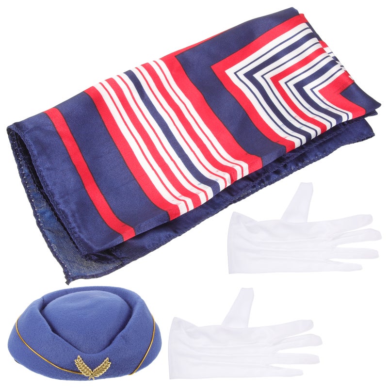 1 Set of Flight Attendant Costume Accessories Stewardess Hat Scarf Gloves Prop Cosplay Supply - Image 1