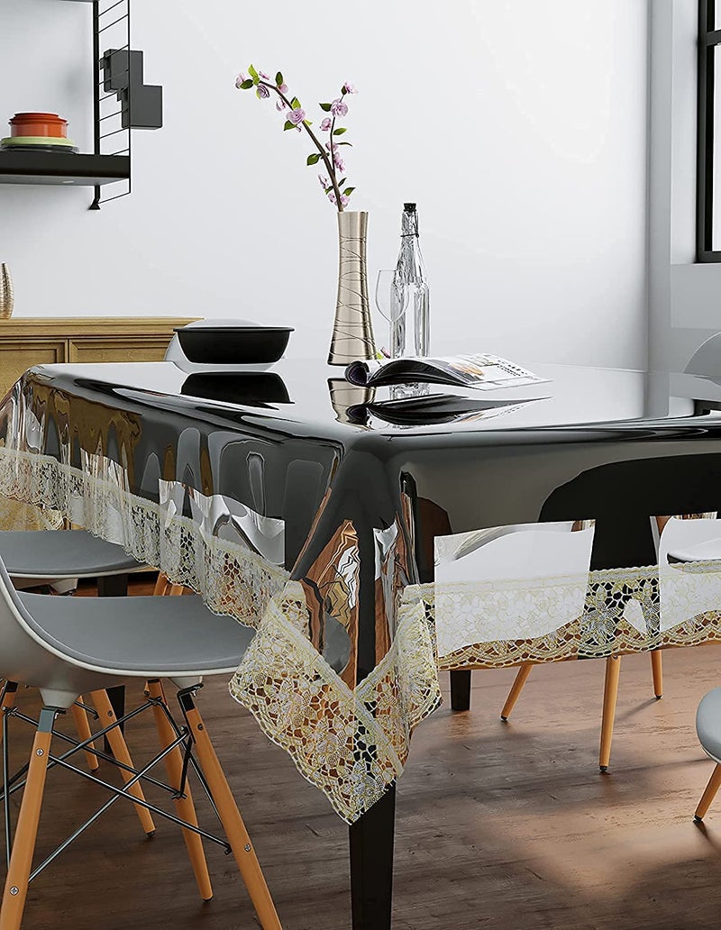 Homerz Premium High Thickness Transparent Table Cover with Lace, 15 mm Thick, Durable and Waterproof, 2 Years Guarantee (Golden Lace, 45x72 inch- 4 Seater) - Image 1