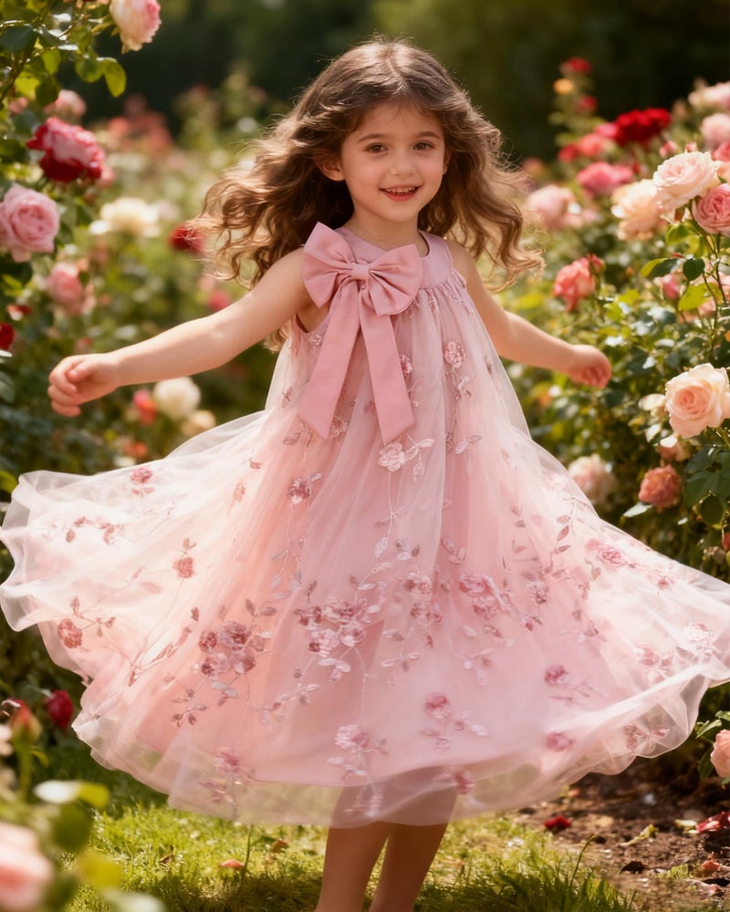 YALLET 3T 4T Toddler Girl Dress Halter Neck Sleeveless Kids Dresses Embroidery Tulle Girls Party Dress for Valentine's Day Easter Wedding Homecoming Birthday Special Occasion(Pink,3-4T) - Image 3