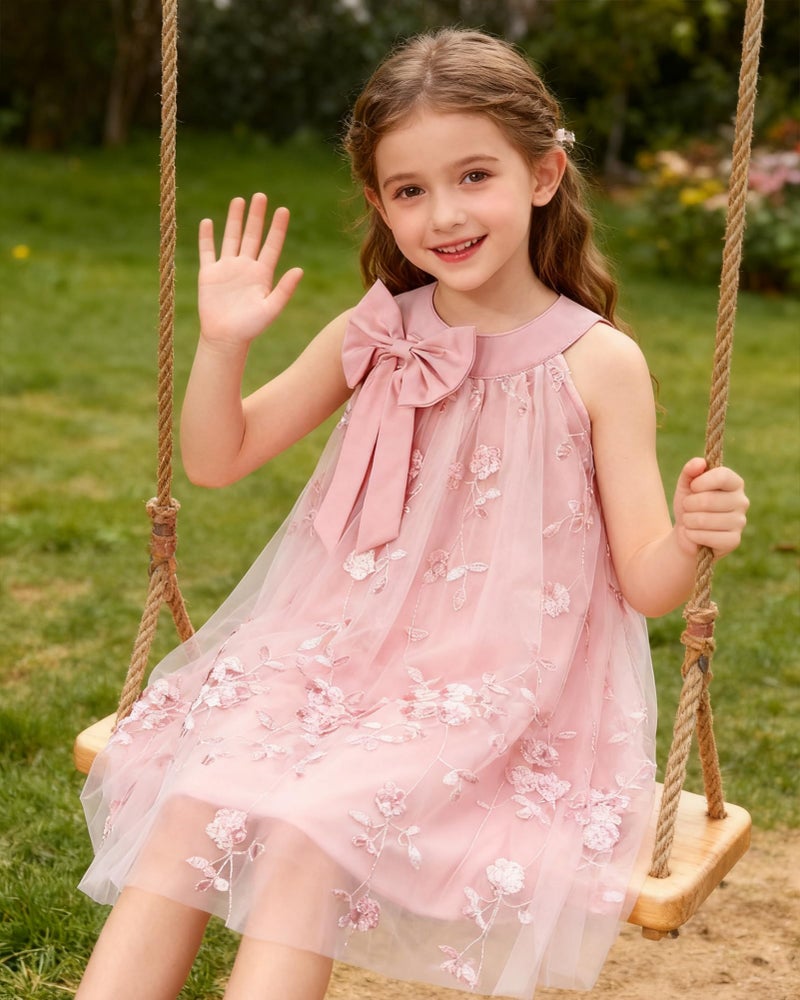 YALLET 3T 4T Toddler Girl Dress Halter Neck Sleeveless Kids Dresses Embroidery Tulle Girls Party Dress for Valentine's Day Easter Wedding Homecoming Birthday Special Occasion(Pink,3-4T) - Image 5