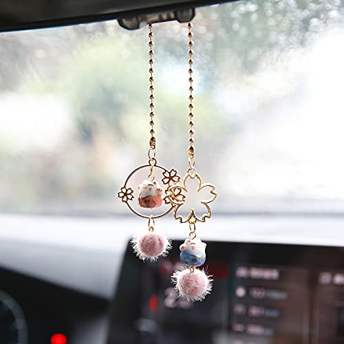 YGMONER Pair of Lucky Cat Car Interior Mirror Hanging Accessories Car Decor Mini Porcelain Maneki Neko Dangle Charm (Sakura Lucky Cat) - Image 2