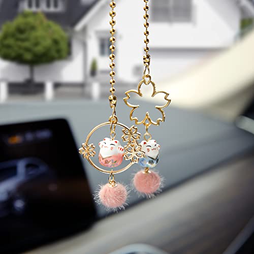 YGMONER Pair of Lucky Cat Car Interior Mirror Hanging Accessories Car Decor Mini Porcelain Maneki Neko Dangle Charm (Sakura Lucky Cat) - Image 1