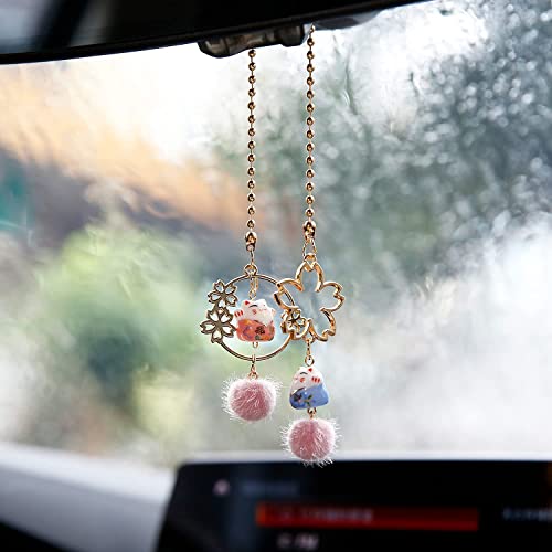 YGMONER Pair of Lucky Cat Car Interior Mirror Hanging Accessories Car Decor Mini Porcelain Maneki Neko Dangle Charm (Sakura Lucky Cat) - Image 3