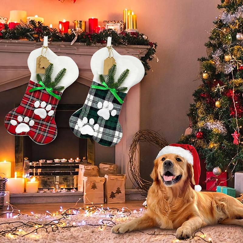SherryDC Cat Bone Christmas Stockings, Plush & Plaid Hanging Socks for Holiday and Christmas Decorations - Image 3