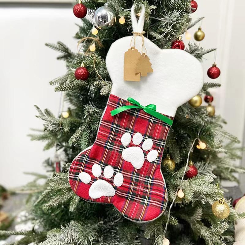 SherryDC Cat Bone Christmas Stockings, Plush & Plaid Hanging Socks for Holiday and Christmas Decorations - Image 1
