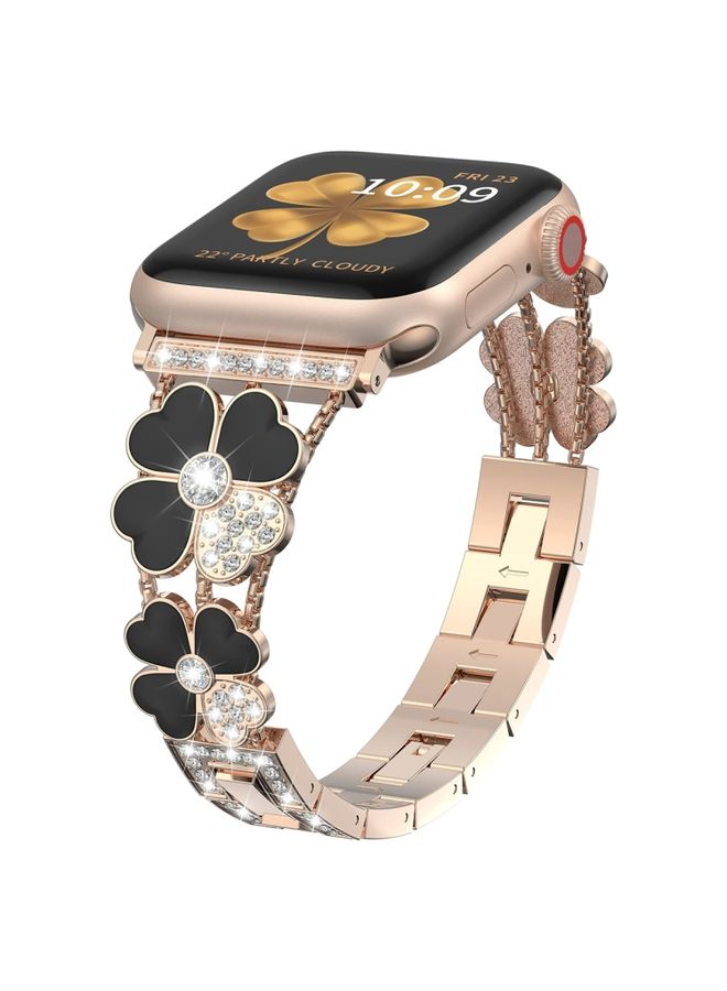 Replacement Strap For Apple Watch Ultra 2 49mm Petal Metal Diamond Watch Band Rose Gold+Black
