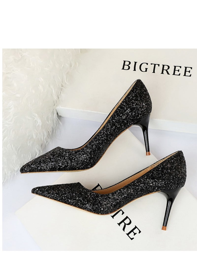 BIGTREE 7.5 سم كعب رفيع لامع أسود للنساء بأسلوب أوروبي - Image 1