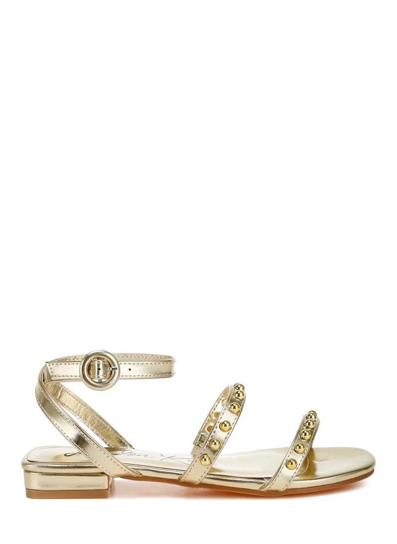 London Rag Studded Ankle Strap Flat Sandals in Gold