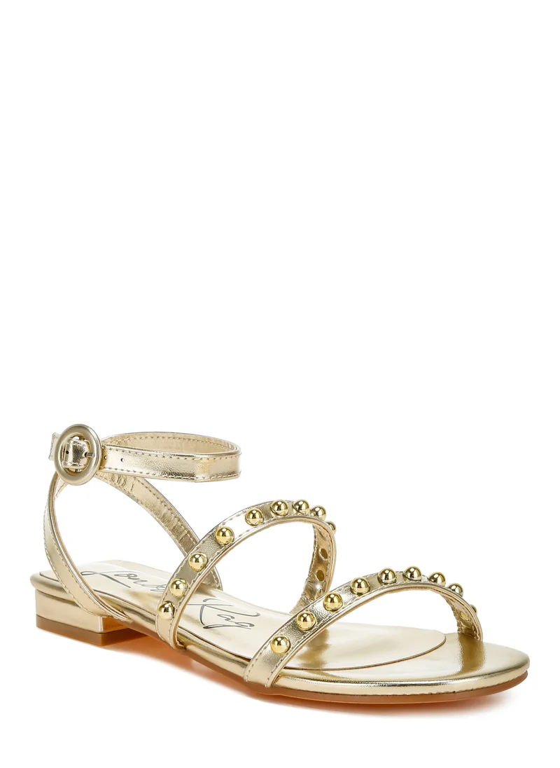 London Rag Studded Ankle Strap Flat Sandals in Gold