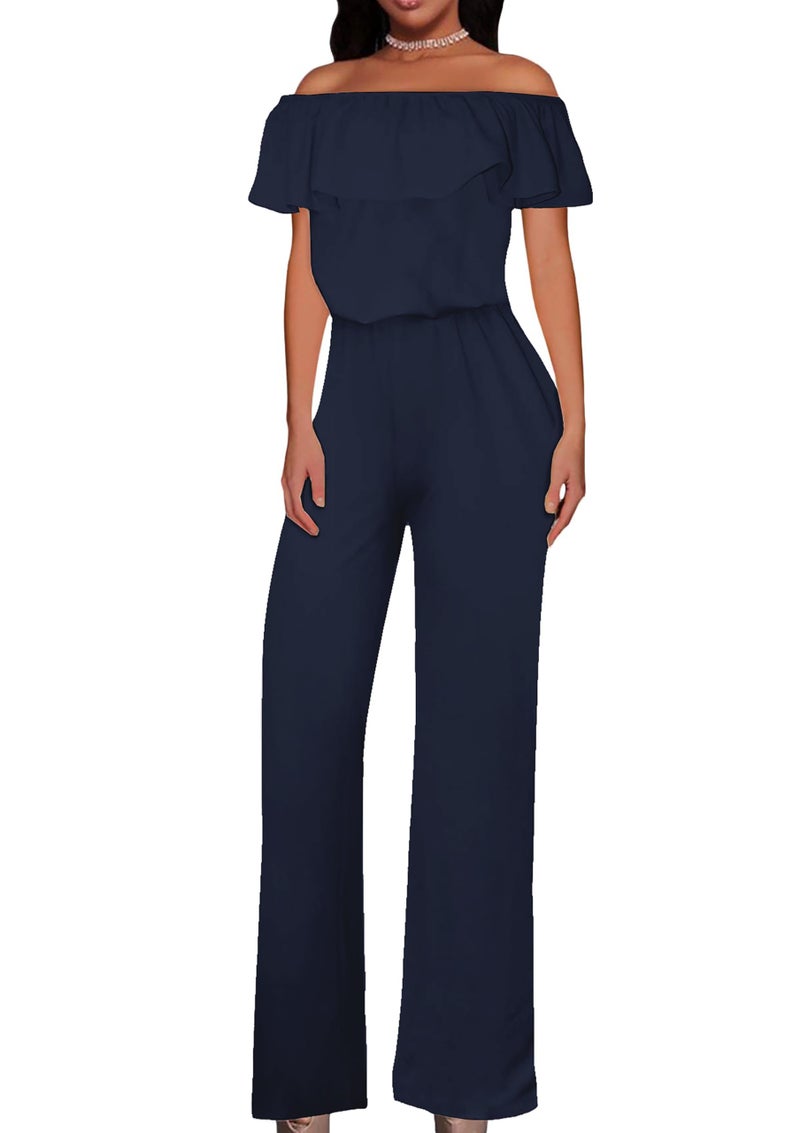 Hybrid & Company Women's Lightweight Off Shoulder Jumpsuit – Stretchy Wide Leg Romper – Casual to Formal One Piece Outfit KPVJ47696 NAVY M - Image 1