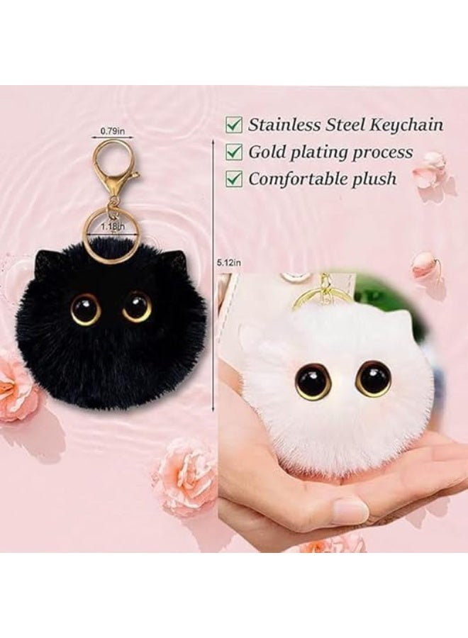 2PCS Cute Keychain Black and White Cat Pom Pom Keychain, Stuffed Animal Keychain Backpack Charms for Girls Women, Key Chains for Car Keys - Image 2