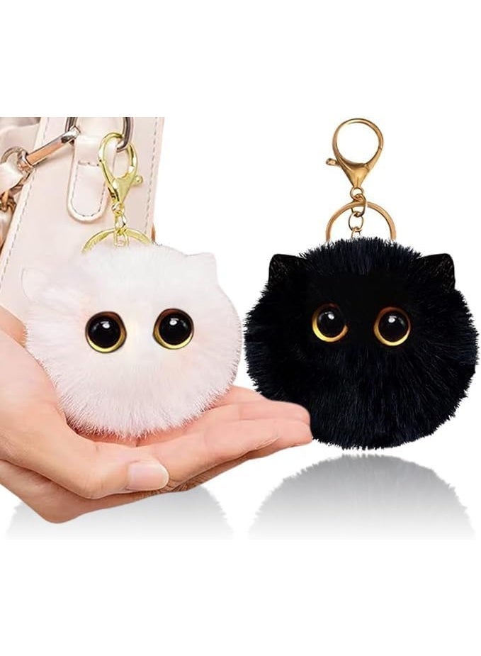 2PCS Cute Keychain Black and White Cat Pom Pom Keychain, Stuffed Animal Keychain Backpack Charms for Girls Women, Key Chains for Car Keys - Image 1