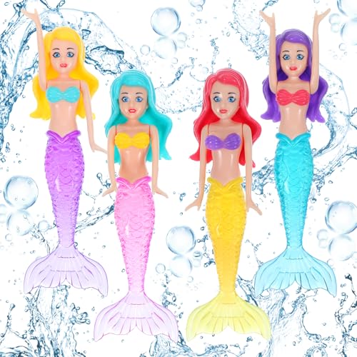 Lnngub 4 Pieces Mermaid Dive Toys Mermaid Bath Toys Dive Mermaids Underwater Diving Pool Toys Swimming Pool Games Colorful Bath Toys for Toddlers Kids Girls Children Gifts - Image 1
