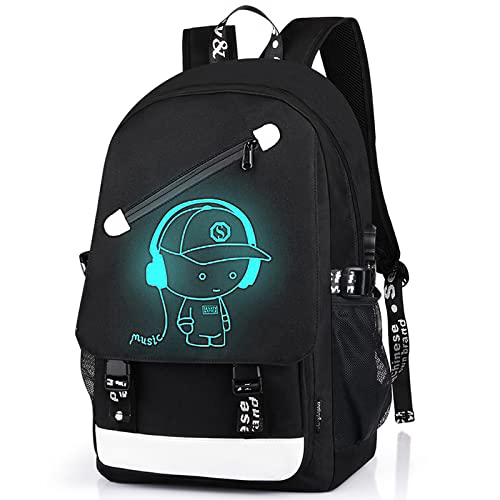 FEWOFJ School Backpack for Boys, Cartoon Luminous Bookbag 15.6inch Laptop Bag with USB Charging Port - Music Black - Image 1