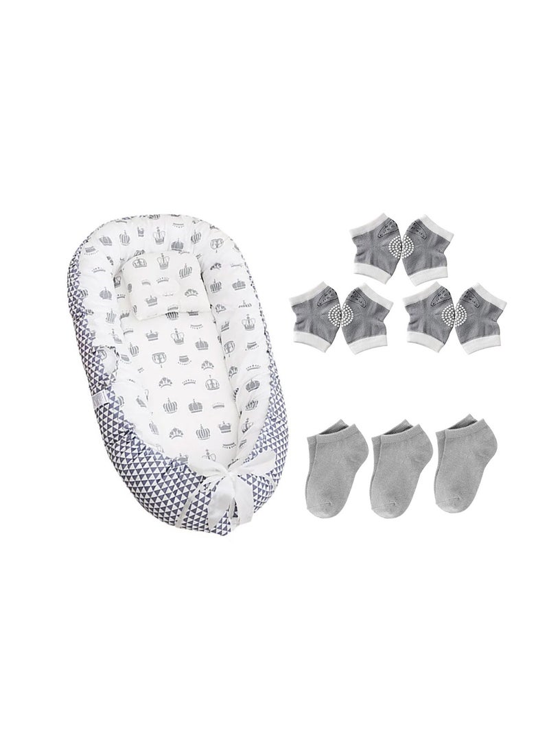 STAR BABiES Star Babies Pack of 3 Combo (Baby Sleeping Pod bed, Kids Socks 3pair, Baby Knee Pad Pack of 3)-Grey - Image 1