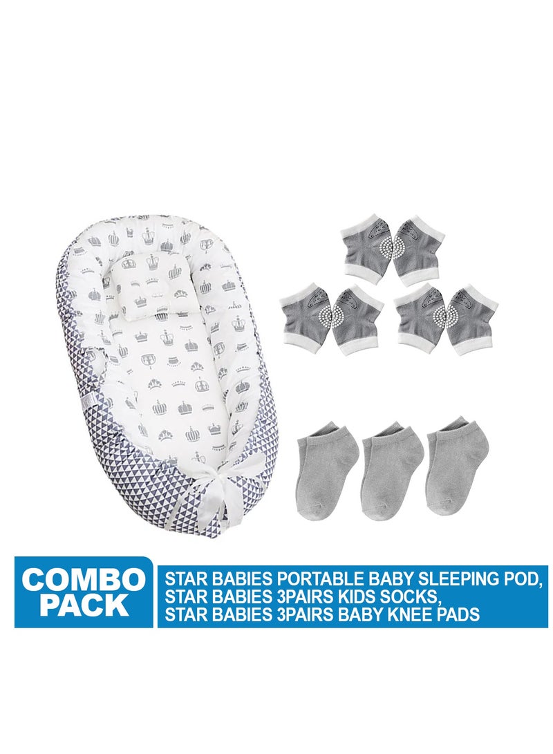 STAR BABiES Star Babies Pack of 3 Combo (Baby Sleeping Pod bed, Kids Socks 3pair, Baby Knee Pad Pack of 3)-Grey - Image 2