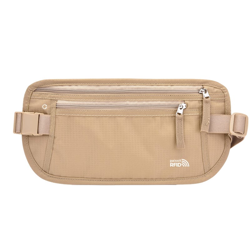 paissit Unisex Money Belt For Men and Women, Slim Passport Holder RFID Blocking Travel Essentials Pouch with Adjustable Strap Small Waist Pouch for Workout Running Travelling Hiking, Beige  - Image 1