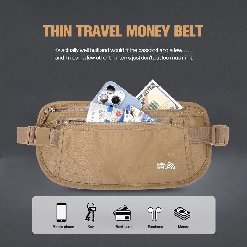 paissit Unisex Money Belt For Men and Women, Slim Passport Holder RFID Blocking Travel Essentials Pouch with Adjustable Strap Small Waist Pouch for Workout Running Travelling Hiking, Beige  - Image 3