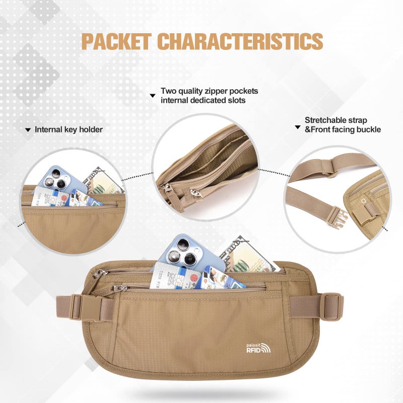 paissit Unisex Money Belt For Men and Women, Slim Passport Holder RFID Blocking Travel Essentials Pouch with Adjustable Strap Small Waist Pouch for Workout Running Travelling Hiking, Beige  - Image 4