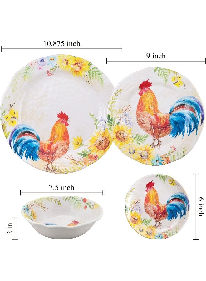 UPware 16 Piece Rooster Melamine Dinnerware Sets Outdoor Dishes Set Plates and Bowls Sets Service for 4 Multicolor - Image 2