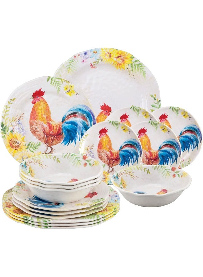UPware 16 Piece Rooster Melamine Dinnerware Sets Outdoor Dishes Set Plates and Bowls Sets Service for 4 Multicolor - Image 1