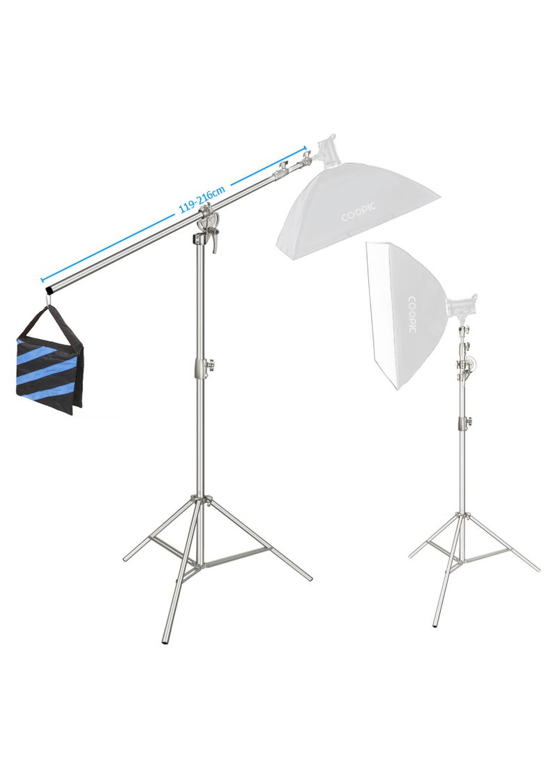 Coopic حامل إضاءة COOPIC L380 من الفولاذ المقاوم للصدأ باللون الفضي بارتفاع أقصى 385 سم وذراع قابل للتعديل من 119 إلى 216 سم، يتضمن كيس رمل أزرق لدعم المظلة وصندوق الضوء وفلاش لتصوير الفيديو البورتريه - Image 2