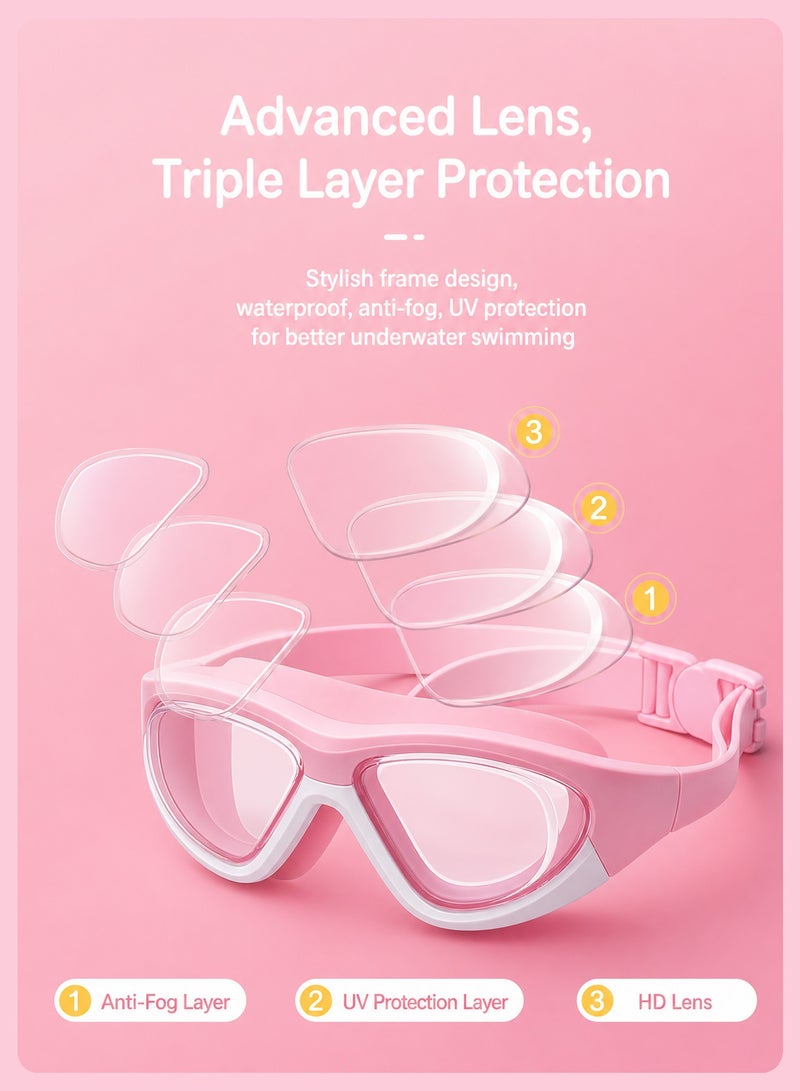 BELANO Swimming Goggles for Kids,4pcs Anti-Fog HD Wide Vision Swim Goggles Set with Unicorn Swim Cap Earplugs and Nose Clip, Cute Swimming Accessories for Girls - Image 5