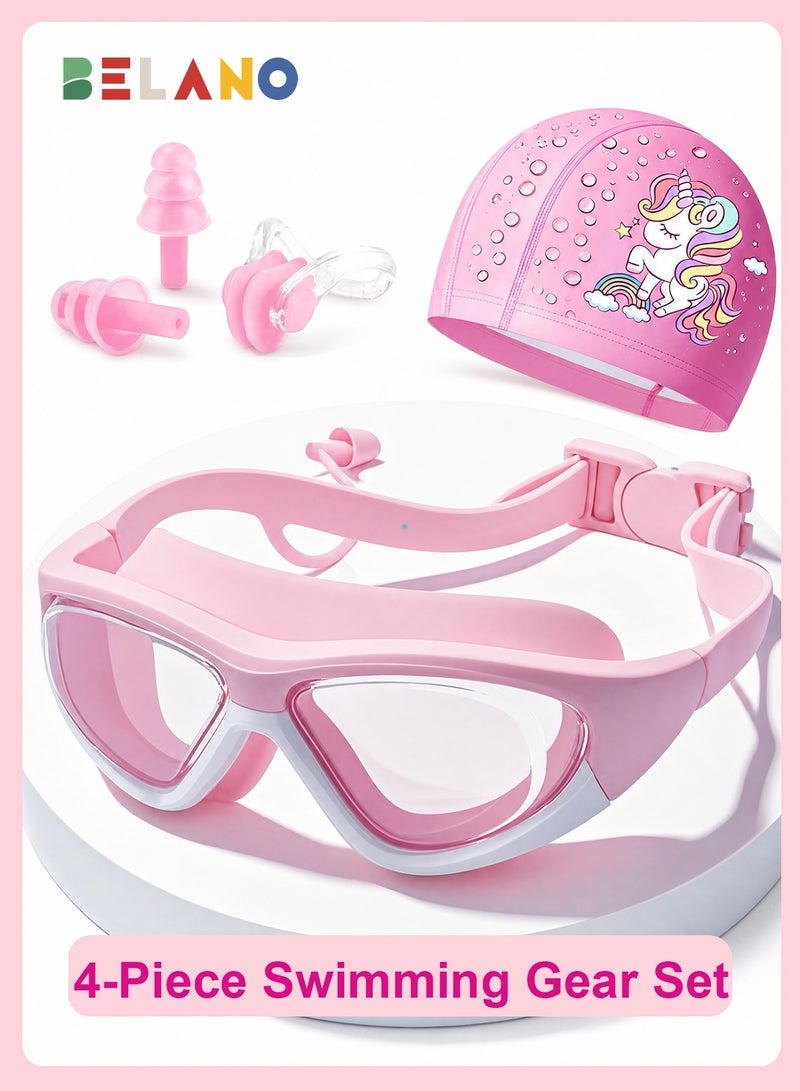 BELANO Swimming Goggles for Kids,4pcs Anti-Fog HD Wide Vision Swim Goggles Set with Unicorn Swim Cap Earplugs and Nose Clip, Cute Swimming Accessories for Girls - Image 1