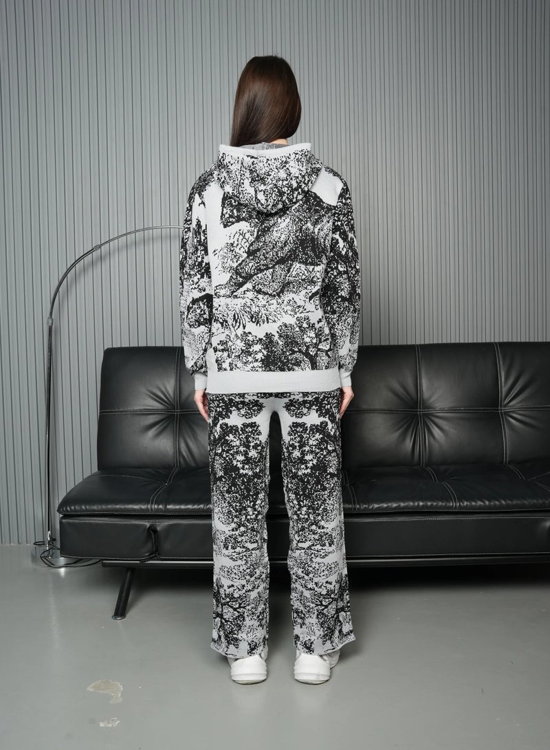 Andy 2333 | Women's Cotton Printed Two-Piece Set | Knit Top and Wide Leg Pants | Black - Image 3