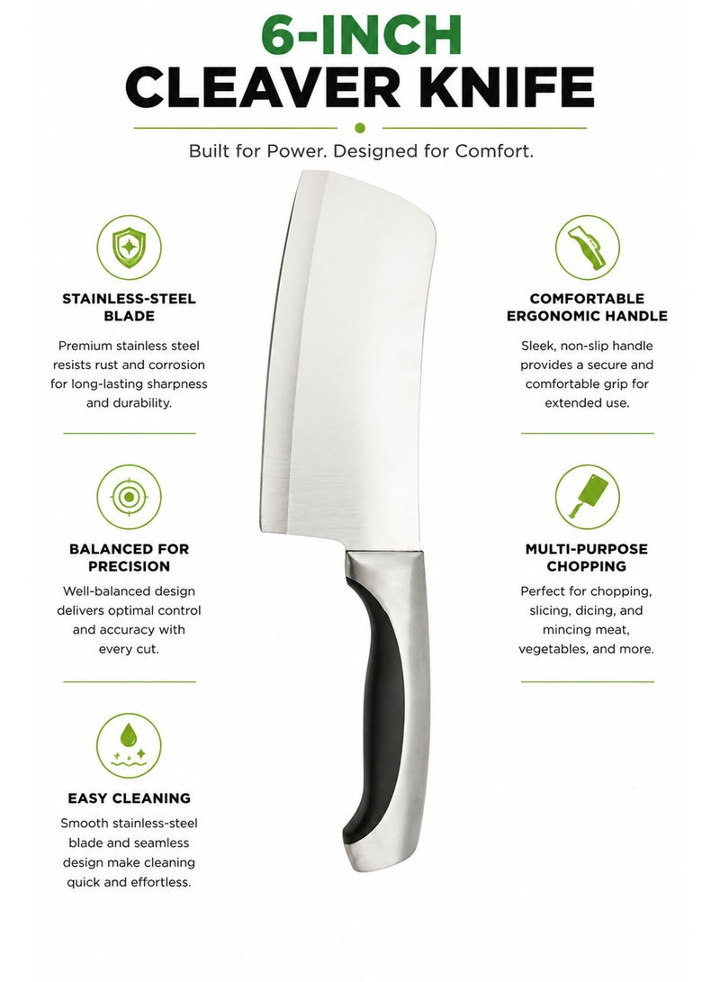 6 Inch Stainless Steel Cleaver Knife, Multipurpose Chef Cleaver for Meat, Fish, Vegetables & Fruits, Ergonomic Full Tang Handle - Image 3