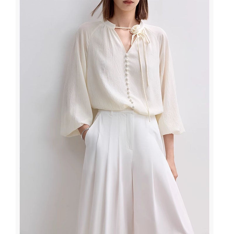 [Rose Story] 2025 New French Commuter Shirt White Chiffon Shirt Womens Design Temperament Top White