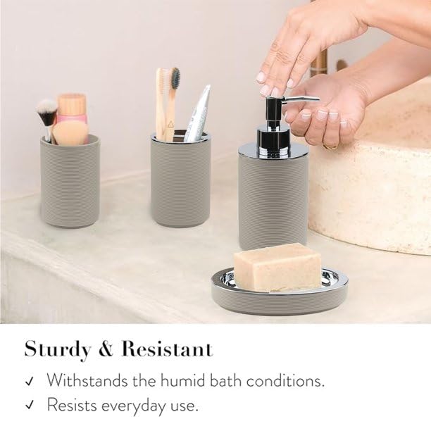 REMICH 6 Pcs Bathroom Accessories Set Bathroom Accessory Set with Trash Can Soap Dispenser Toothbrush Holder Set Soap Dish Toilet Brush Holder Farmhouse Boho Bathroom Set Complete Beige - Image 2