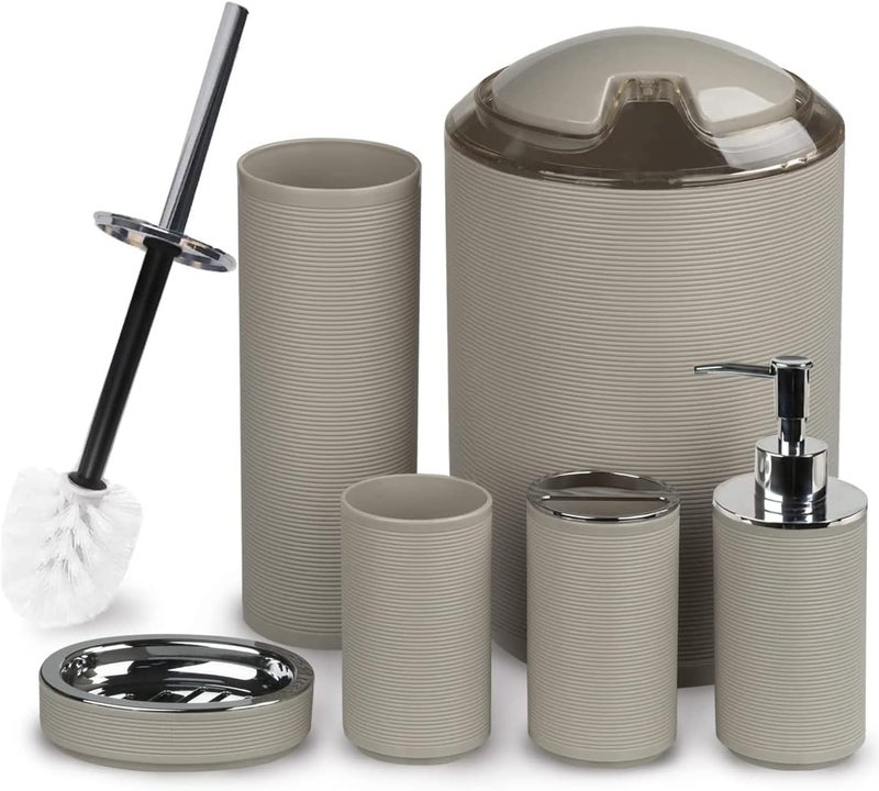 REMICH 6 Pcs Bathroom Accessories Set Bathroom Accessory Set with Trash Can Soap Dispenser Toothbrush Holder Set Soap Dish Toilet Brush Holder Farmhouse Boho Bathroom Set Complete Beige - Image 1