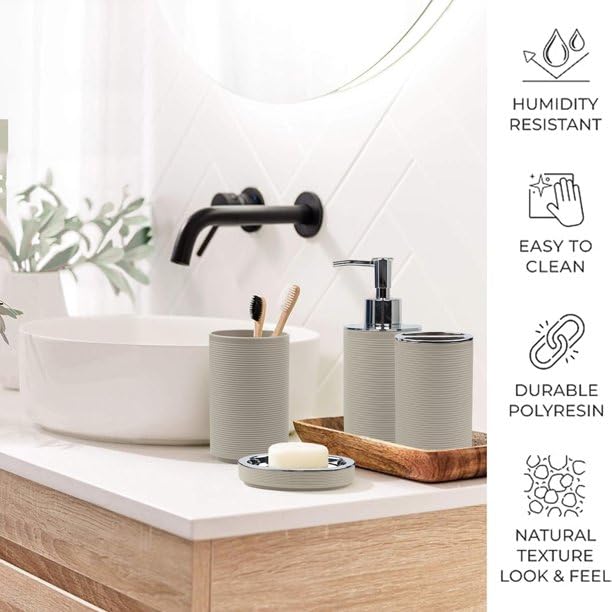 REMICH 6 Pcs Bathroom Accessories Set Bathroom Accessory Set with Trash Can Soap Dispenser Toothbrush Holder Set Soap Dish Toilet Brush Holder Farmhouse Boho Bathroom Set Complete Beige - Image 4