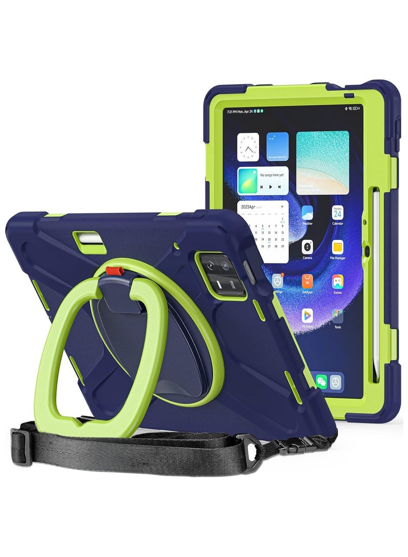 Arabest Case for Xiaomi Pad 6 / Xiaomi Pad 6 Pro 11.0 Inch 2023 Release Tablet, Heavy Duty Full Body Protection Shockproof Silicone Cover with 360 Rotating Grip Stand/Shoulder Strap - NavyBlue+Lime - Image 1
