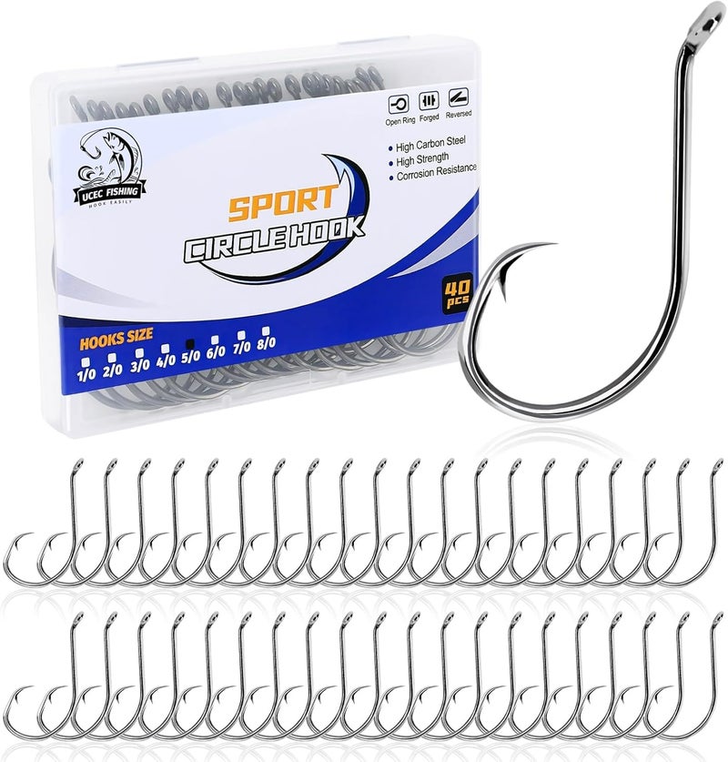 UCEC Circle Hooks Fishing Hooks 2X Strong Offset Circle Hooks Saltwater Black High Carbon Steel Octopus Catfish Fishing Hooks Fishing Gear Tackle 150pcs/ 240pcs - Size:#1 1/0 2/0 3/0 4/0 5/0 6/0 8/0 - Image 1