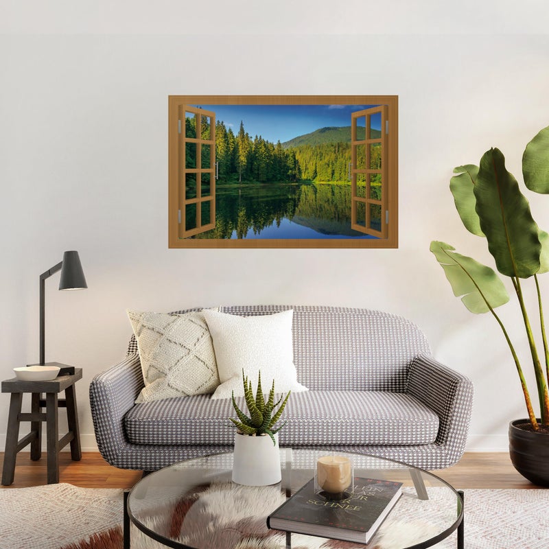 WRIGAEL Fake Window for Walls Faux Window Decal Windows Poster Picture Open Window Wall Art Decor, Stick and Peel Wallpaper Nature Wall Decol Forest Lake Scene Mural, 32"x48" - Image 3