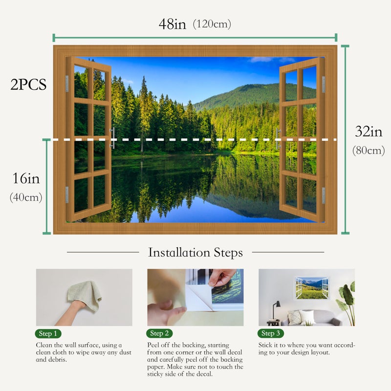 WRIGAEL Fake Window for Walls Faux Window Decal Windows Poster Picture Open Window Wall Art Decor, Stick and Peel Wallpaper Nature Wall Decol Forest Lake Scene Mural, 32"x48" - Image 2