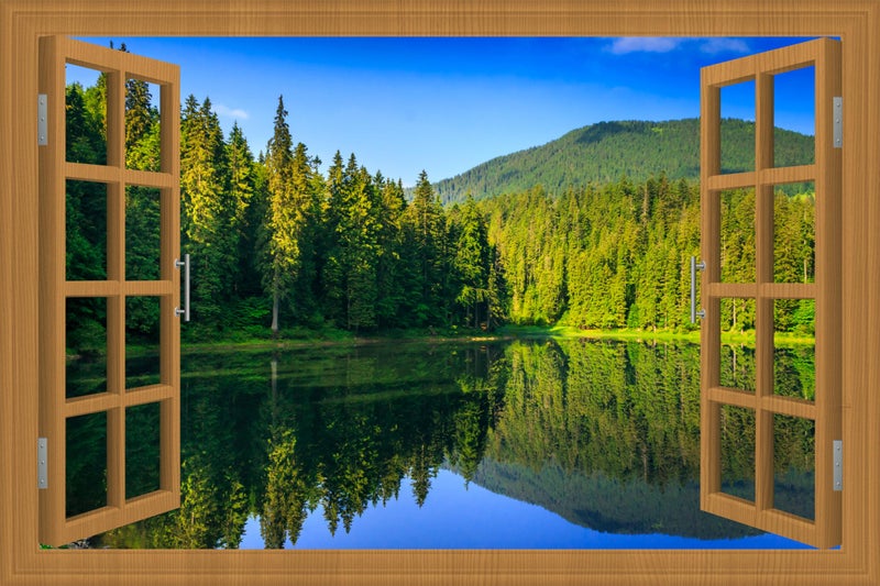 WRIGAEL Fake Window for Walls Faux Window Decal Windows Poster Picture Open Window Wall Art Decor, Stick and Peel Wallpaper Nature Wall Decol Forest Lake Scene Mural, 32"x48" - Image 1