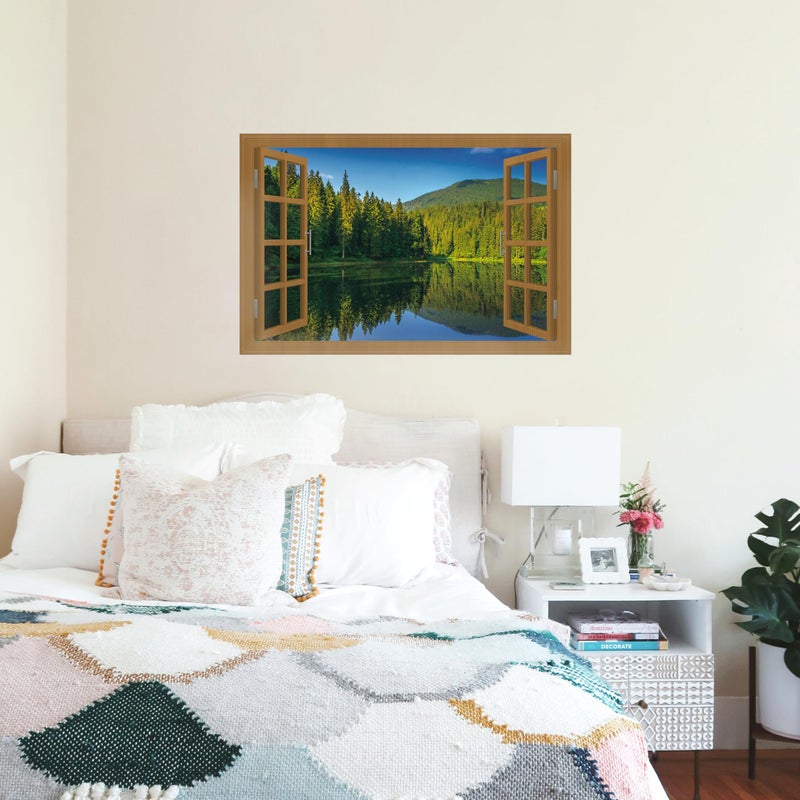 WRIGAEL Fake Window for Walls Faux Window Decal Windows Poster Picture Open Window Wall Art Decor, Stick and Peel Wallpaper Nature Wall Decol Forest Lake Scene Mural, 32"x48" - Image 4