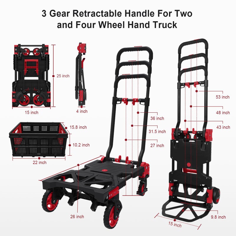 Oyoest 2 in 1 Hand Truck Dolly with Folding Basket,Folding Hand Truck Heavy Duty 330lbs Capacity,Foldable Hand Trcuk with Retractable Handle and Rubber Wheels,Portable Dolly with Bungee Cords for Moving - Image 3