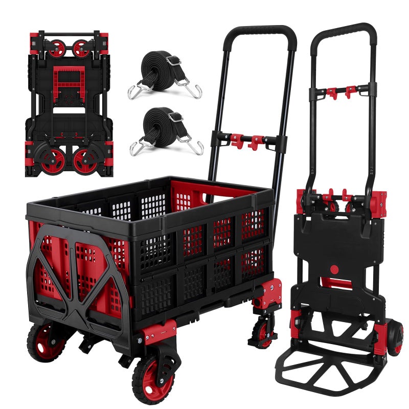Oyoest 2 in 1 Hand Truck Dolly with Folding Basket,Folding Hand Truck Heavy Duty 330lbs Capacity,Foldable Hand Trcuk with Retractable Handle and Rubber Wheels,Portable Dolly with Bungee Cords for Moving - Image 1