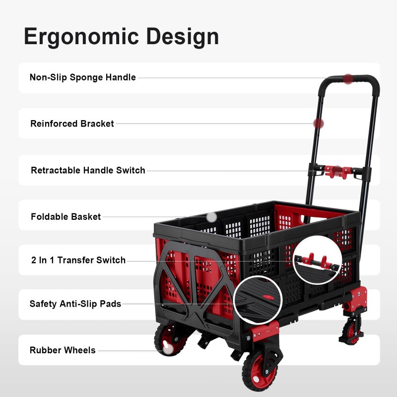 Oyoest 2 in 1 Hand Truck Dolly with Folding Basket,Folding Hand Truck Heavy Duty 330lbs Capacity,Foldable Hand Trcuk with Retractable Handle and Rubber Wheels,Portable Dolly with Bungee Cords for Moving - Image 4