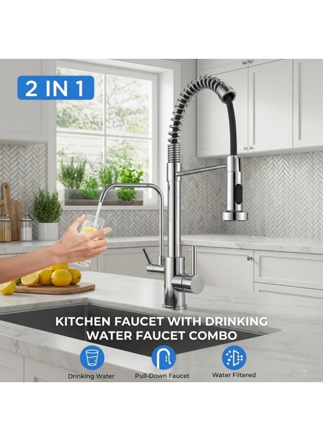 Modern Silver Pull Down Kitchen Faucet with Filtered Water Tap - 2-Way Commercial Style High Arc Spout, Stainless Steel, Dual Handle Hot & Cold Mixer, Single Hole Deck Mount, 360° Swivel, Multifunctional Faucet, Rust Resistant, Luxury Accessories, Leak-Proof Ceramic Valve. - Image 5