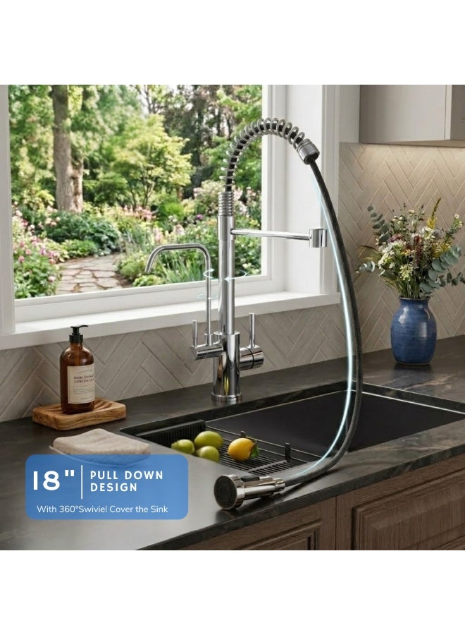 Modern Silver Pull Down Kitchen Faucet with Filtered Water Tap - 2-Way Commercial Style High Arc Spout, Stainless Steel, Dual Handle Hot & Cold Mixer, Single Hole Deck Mount, 360° Swivel, Multifunctional Faucet, Rust Resistant, Luxury Accessories, Leak-Proof Ceramic Valve. - Image 2