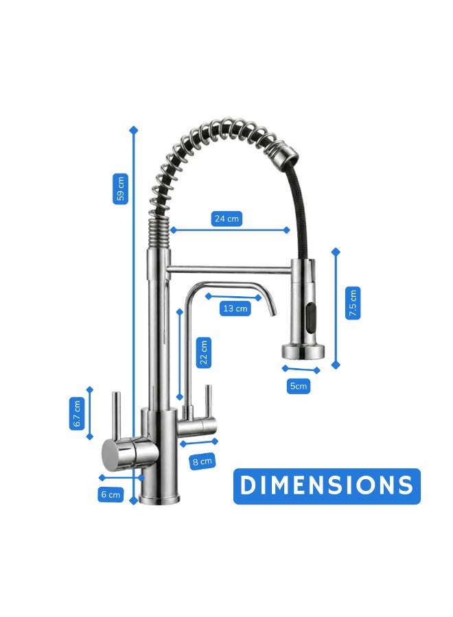 Modern Silver Pull Down Kitchen Faucet with Filtered Water Tap - 2-Way Commercial Style High Arc Spout, Stainless Steel, Dual Handle Hot & Cold Mixer, Single Hole Deck Mount, 360° Swivel, Multifunctional Faucet, Rust Resistant, Luxury Accessories, Leak-Proof Ceramic Valve. - Image 3