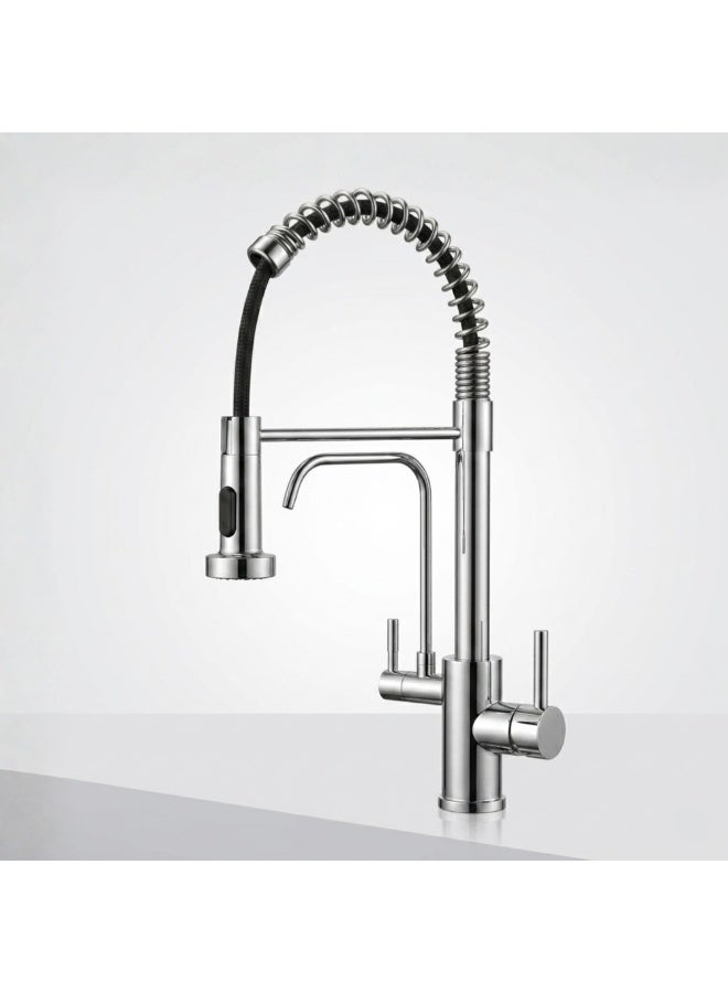 Modern Silver Pull Down Kitchen Faucet with Filtered Water Tap - 2-Way Commercial Style High Arc Spout, Stainless Steel, Dual Handle Hot & Cold Mixer, Single Hole Deck Mount, 360° Swivel, Multifunctional Faucet, Rust Resistant, Luxury Accessories, Leak-Proof Ceramic Valve. - Image 1